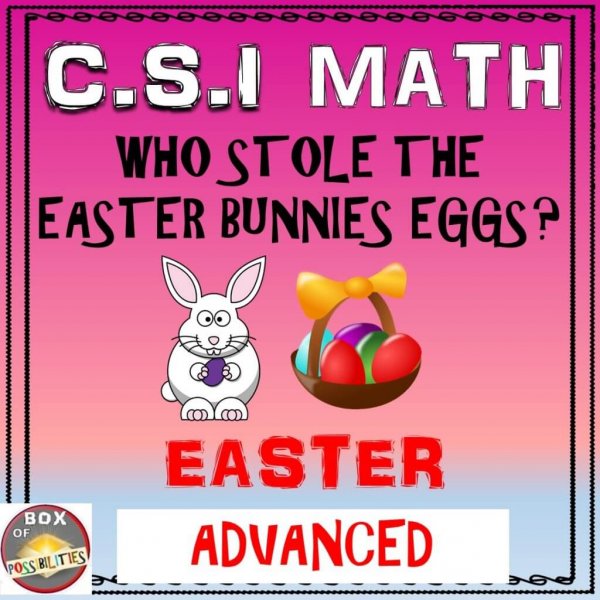 A fun Easter math activity for your students! This CSI math activity/worksheet will engage your elementary or middle school students as they use math to figure out who stole the Easter eggs! Clues are harder in this advanced version (double digit multiplication, volume, fractions & division). A review or fun classroom activity before Easter. #math #Easter #elementary #middleschool #mathactivity #grade6 #grade7 #CSI #worksheets #activities #multiplication #easteractivity #mathmystery