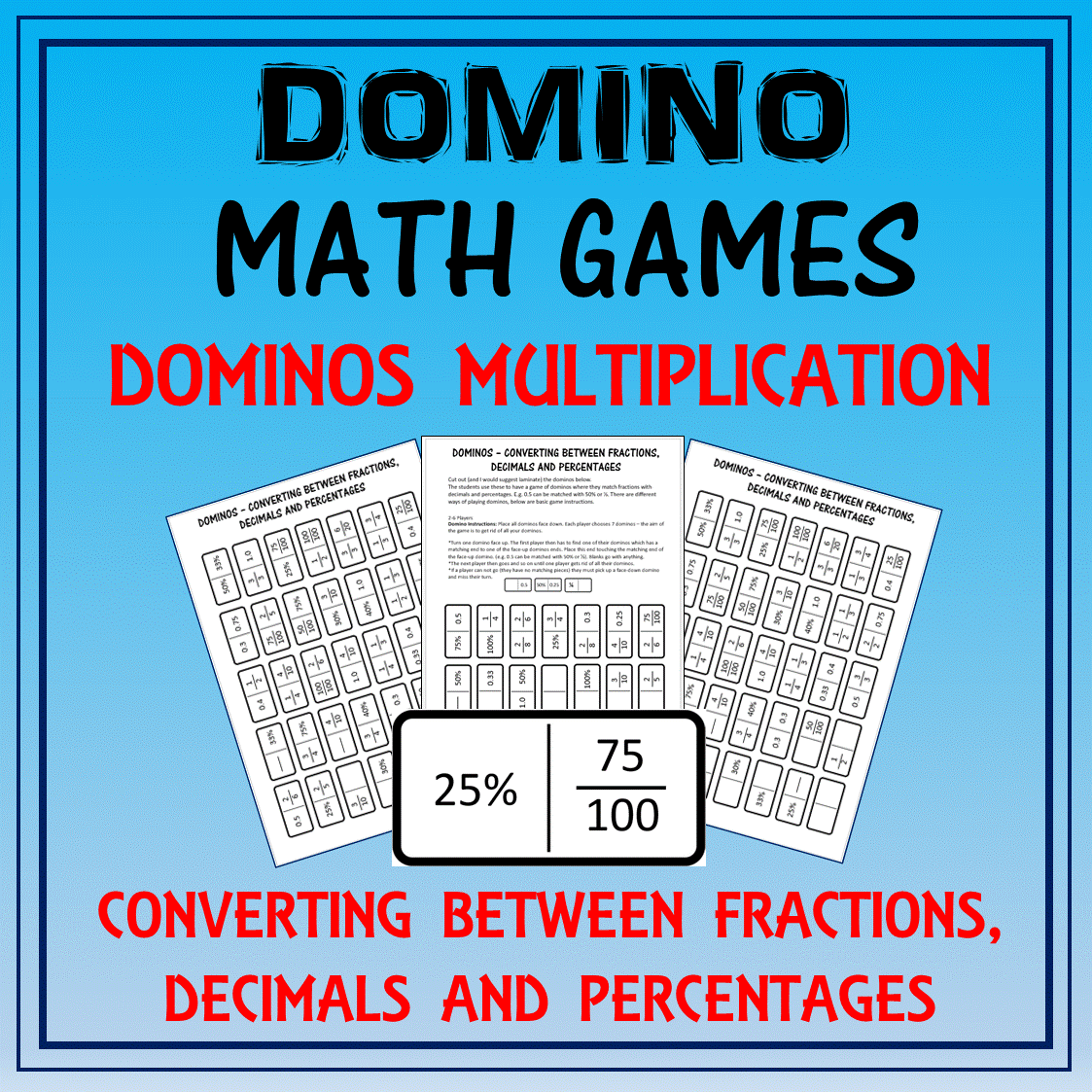 Domino math activity. Converting between fractions, decimals, and percentages. Math games make learning math fun and in this game students have to match up fractions with decimals and percentages. This game/activity will be a great addition to your elementary or middleschool classroom and can be used as a fun math starter, or in a math center. #mathgames #elementary #mathactivities #middleschool #mathactivity #grade5 #grade6 #games #decimals #activities #fractions #percentages