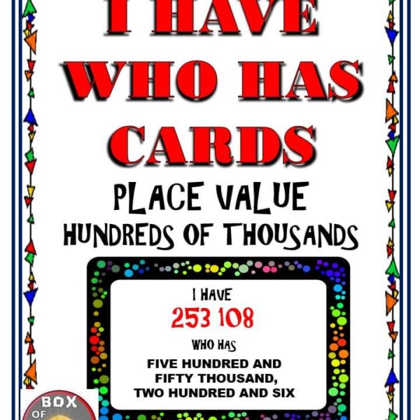 I have who has place value, hundreds of thousands. Math games make learning math fun and in this game students have to play as a whole class and race against time to get through the cards. This place value game/activity will be a great addition to your elementary or middleschool classroom and can be used as a fun math starter, or warm-up activity #mathgames #elementary #mathactivities #middleschool #mathactivity #grade5 #grade6 #games #placevalue #activities #hundredsofthousands
