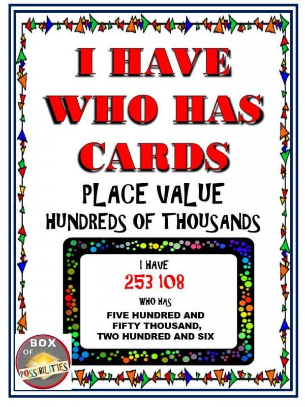 I have who has place value, hundreds of thousands. Math games make learning math fun and in this game students have to play as a whole class and race against time to get through the cards. This place value game/activity will be a great addition to your elementary or middleschool classroom and can be used as a fun math starter, or warm-up activity #mathgames #elementary #mathactivities #middleschool #mathactivity #grade5 #grade6 #games #placevalue #activities #hundredsofthousands