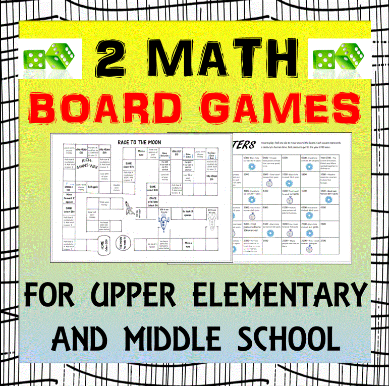 Board games with math questions to let your students have fun while practicing their math skills. Print these games off, get some counters and dice and your ready. Time Machines: Like snakes and ladders but instead uses time machines and black-holes to race through time. When students land on one of these squares they have to answer a basic fact question. Race to the Moon: This is a printable board game. Students roll a die to move around the board answering math questions. #mathgames