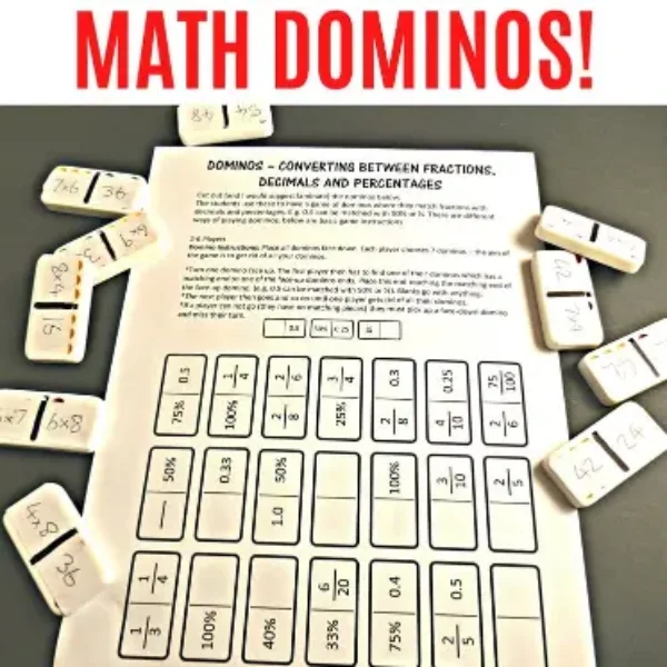 Domino Math: Converting Fractions-Decimals-Percentages & Domino Multiplication