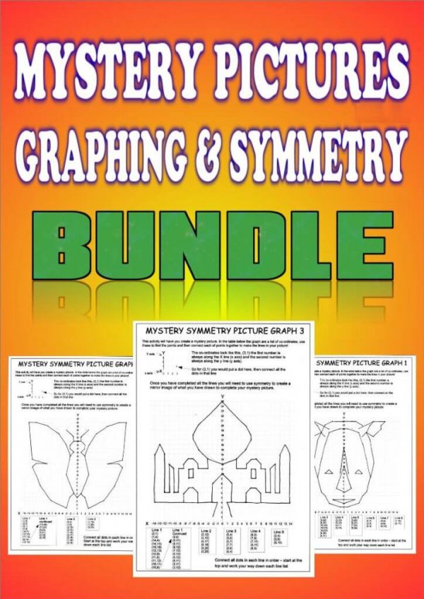 Math mystery pictures using symmetry and graphing skills. Students will love these fun worksheets as they have to use their graphing skills and symmetry knowledge to uncover a mystery picture. An awesome learning activity for elementary kids which can be used in your classroom as a math warm-up, early finisher activity, or in a math center. 2 Quadrants. #symmetry #graphing #funmath #5thgrade #6thgrade #7thgrade #mathactivity #mathcenter