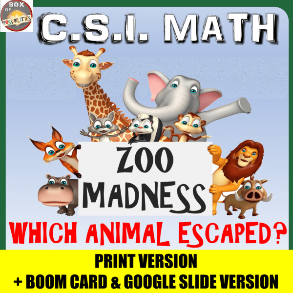 CSI Zoo Math Activity - FREE Math Activity. Teaching math to your students can be fun when you use CSI math activities or worksheets. This CSI math activity will engage your elementary or middle school students as they use math (multiplication, time, decimals) to figure out which animal keeps escaping. Use this math mystery as a review or fun classroom activity. #math #CSImath #elementary #mathactivities #middleschool #grade5 #grade6 #CSI #worksheets #activities #multiplication #mathmystery