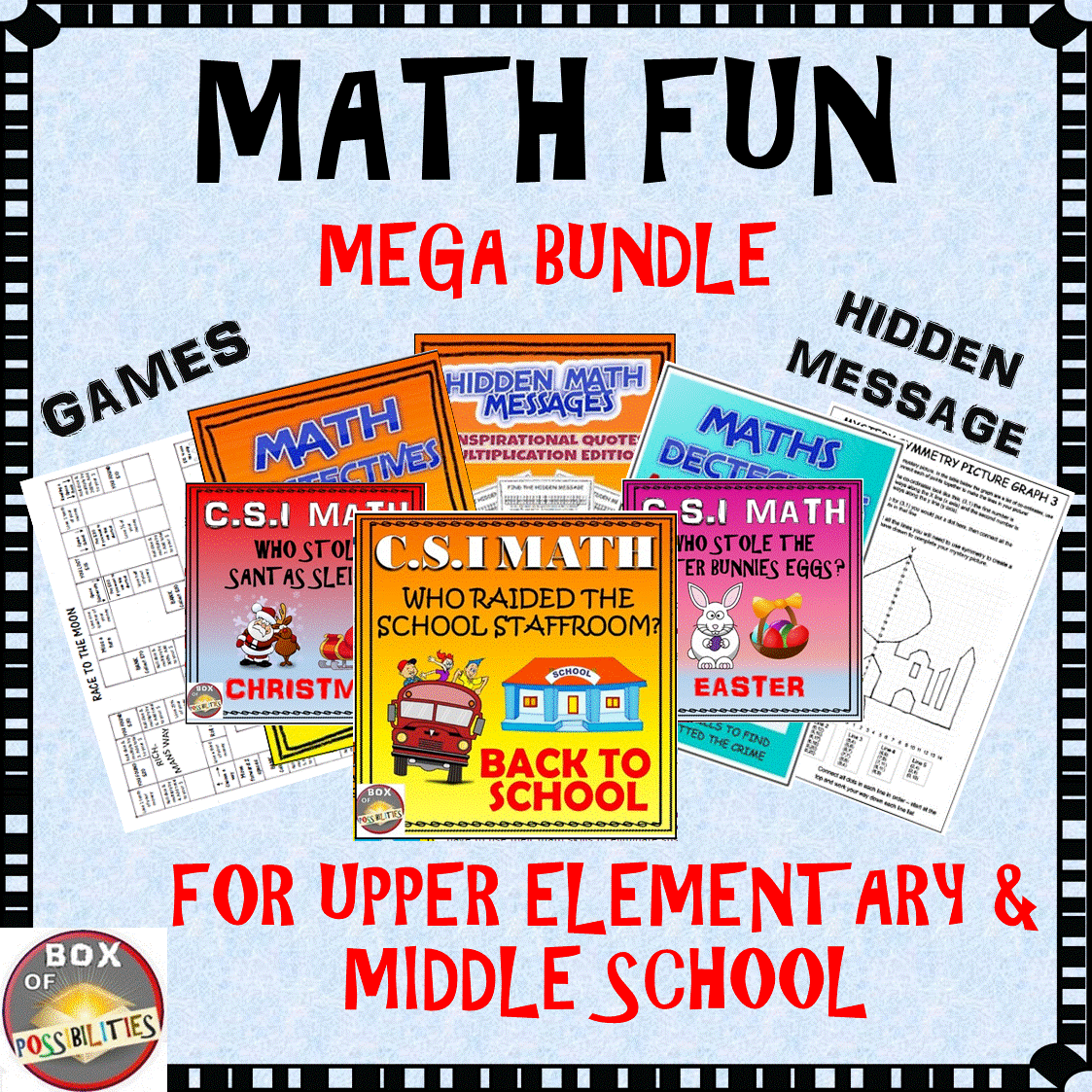 Math fun mega bundle. Math games, CSI, mystery messages, multiplication mazes, mystery pictures - this bundle has it all. It is full with fun math activities that your elementary or middle school students will love. These math activities can be used as a review or fun classroom activities. #math #CSImath #elementary #mathactivities #middleschool #mathgames #grade5 #grade6 #CSI #worksheets #activities #multiplication #mathmystery