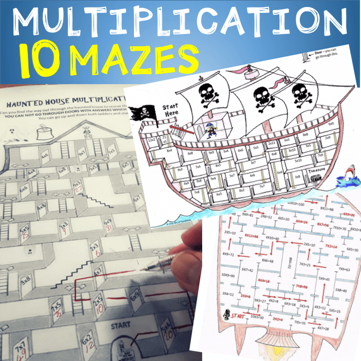MULTIPLICATION MAZES! Students will love these fun worksheets as they have to use their multiplication knowledge to find the way through mazes. An awesome learning activity for elementary kids which can be used in your classroom as a math warm-up, early finisher activity, or in a math center. #multiplication #mathmaze #funmath #5thgrade #4thgrade #6thgrade #multiplicationactivity #basicfacts