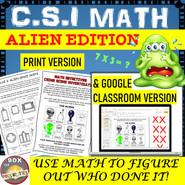 Teaching math to your students can be fun when you use CSI math activities or worksheets. This CSI alien math activity will engage your elementary or middle school students as they use math (multiplication, area, time, & fractions) to figure out which alien stole the ray gun. Use this math mystery as a review or fun classroom activity. #math #CSImath #elementary #mathactivities #middleschool #mathactivity #grade5 #grade6 #CSI #fractions #worksheet #activities #multiplication #mathmystery