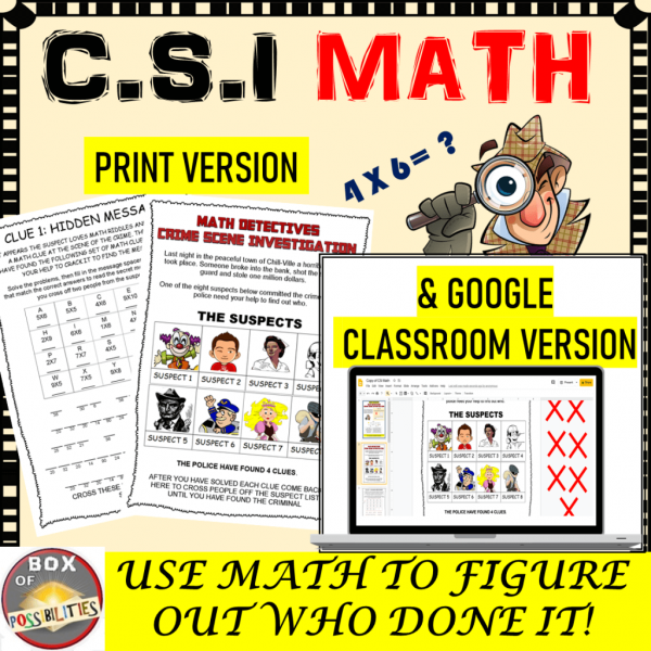 Teaching math to your students can be fun when you use CSI math activities or worksheets. This CSI math activity will engage your elementary or middle school students as they use math (multiplication, map reading, time, & adding decimals) to figure out who committed the crime. Use this math mystery as a review or fun classroom activity. #math #CSImath #elementary #mathactivities #middleschool #mathactivity #grade5 #grade6 #CSI #decimals #worksheets #activities #multiplication #mathmystery