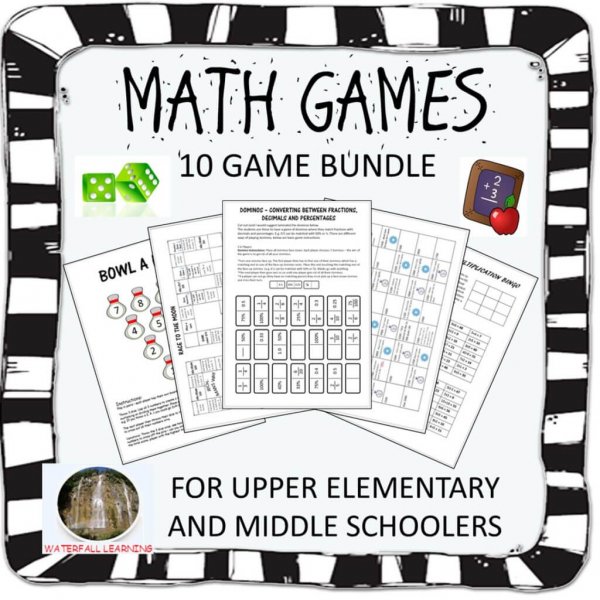 A bundle of fun math games that your students will love. Math bingo, multiplication games, whole class math games, math board games, this bundle has it all. These games and activities will be a great addition to your elementary or middleschool classroom and can be used as a math starter, or in a math center. #mathgames #elementary #mathactivities #middleschool #mathactivity #grade5 #grade6 #games #decimals #worksheets #activities #multiplication