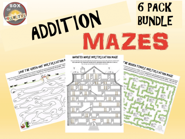ADDITION MAZES! Students will love these fun worksheets as they have to use their addition knowledge to find the way through mazes. An awesome learning activity for elementary kids which can be used in your classroom as a math warm-up, early finisher activity, or in a math center. #addition #mathmaze #funmath #2ndgrade #4thgrade #3rdgrade #additionactivity #basicfacts