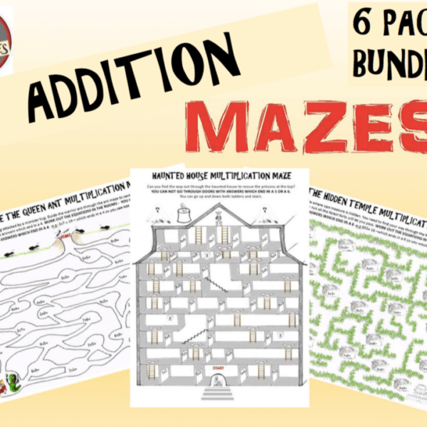 ADDITION MAZES! Students will love these fun worksheets as they have to use their addition knowledge to find the way through mazes. An awesome learning activity for elementary kids which can be used in your classroom as a math warm-up, early finisher activity, or in a math center. #addition #mathmaze #funmath #2ndgrade #4thgrade #3rdgrade #additionactivity #basicfacts