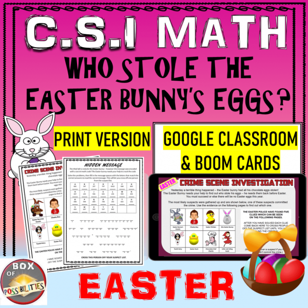 A fun Easter math activity for your students! This CSI math activity/worksheet will engage your elementary or middle school students as they use math to figure out who stole the Easter eggs! (multiplication, fractions, long subtraction, & time). Use this math mystery as a review or fun classroom activity before Easter. #math #Easter #elementary #middleschool #mathactivity #grade4 #grade5 #grade6 #CSI #worksheets #activities #multiplication #easteractivity #mathmystery