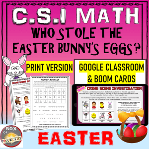A fun Easter math activity for your students! This CSI math activity/worksheet will engage your elementary or middle school students as they use math to figure out who stole the Easter eggs! (multiplication, fractions, long subtraction, & time). Use this math mystery as a review or fun classroom activity before Easter. #math #Easter #elementary #middleschool #mathactivity #grade4 #grade5 #grade6 #CSI #worksheets #activities #multiplication #easteractivity #mathmystery