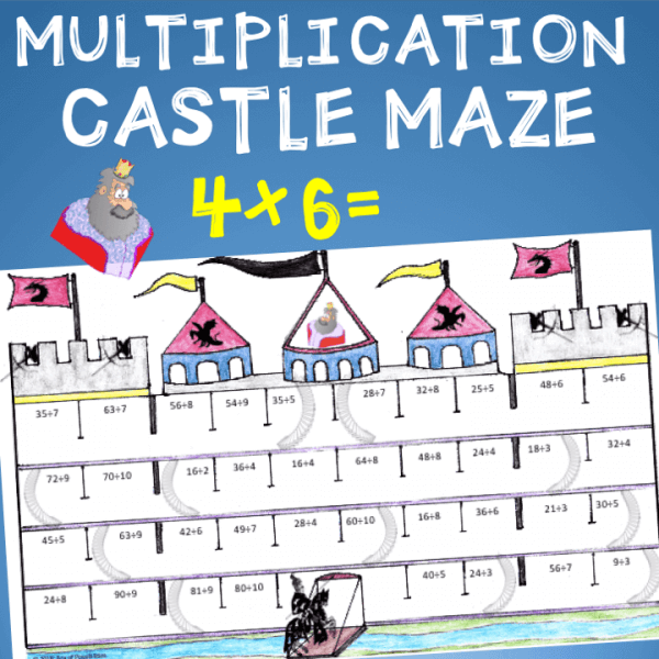 Castle math activity: Castle multiplication maze. Ohh no! The king has been captured and is now locked away in a castle! Students will love this fun worksheet as they have to use their multiplication knowledge to find the way through the maze. An awesome learning activity for elementary kids which can be used in your classroom as a math warm-up, early finisher activity, or in a math center. #multiplication #mathmaze #funmath #5thgrade #4thgrade #6thgrade #multiplicationactivity #basicfacts