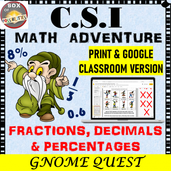 Teaching fractions, decimals and percentages to your students can be fun when you use CSI math activities or worksheets. This CSI math activity will engage your elementary or middle school students from the start as they journey into the world of gnomes. Use it as a review or fun classroom activity and enhance your students knowledge on decimals, percentages and fractions. #fractions #CSImath #elementary #math #mathactivities #middleschool #grade6 #grade7 #CSI #decimals #activities #percentages