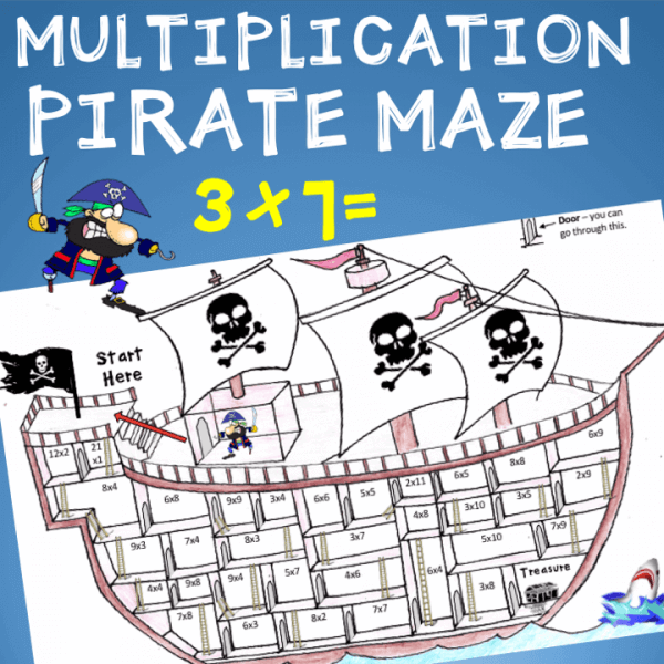 Pirate math activity: Pirate multiplication maze. Pete the pirate can’t get to his treasure! He hid it at the bottom of his ship but has forgotten how to get to it. Solve the multiplication questions to help him figure out how he can get to his treasure. An awesome learning activity for elementary kids which can be used in your classroom as a math warm-up, early finisher activity, or in a math center. #multiplication #mathmaze #funmath #5thgrade #4thgrade #multiplicationactivity #basicfacts