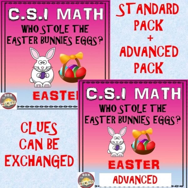 Easter Math Activity: Easter CSI Math - Who Stole the Easter Bunnies Eggs? - Great for upper elementary and middle school students. This bundle includes both the standard version and the advanced version (with harder clues). The clues can be interchanged between the versions, allowing you to chose the version of the clue which best meets your students needs. 

Students have to use their math skills to eliminate suspects so they can find out who committed the crime and stole all the Easter eggs!