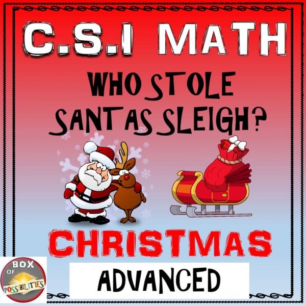 A fun Christmas math activity for your students! This CSI math activity/worksheet will engage your elementary or middle school students as they use math to figure out who stole Santa's sleigh! Clues are harder in this advanced version (double digit multiplication, decimal multiplication and fractions). A review or fun classroom activity before Christmas. #math #Christmas #elementary #middleschool #mathactivity #grade6 #CSI #worksheets #activities #multiplication #christmasactivity #mathmystery