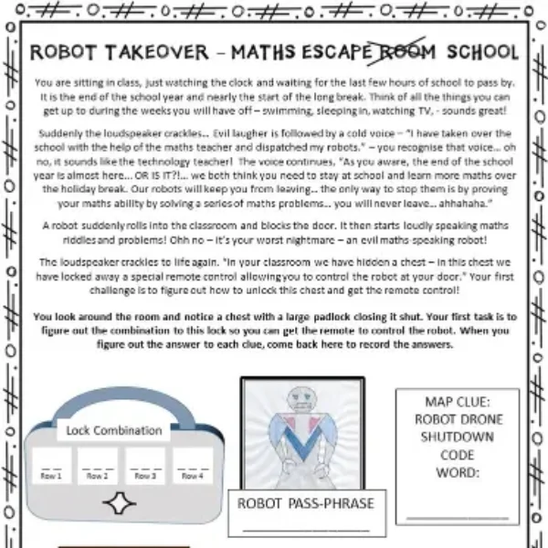 End of Year Math: Math Escape Room - Robot Takeover! Print, Google Classroom Version!