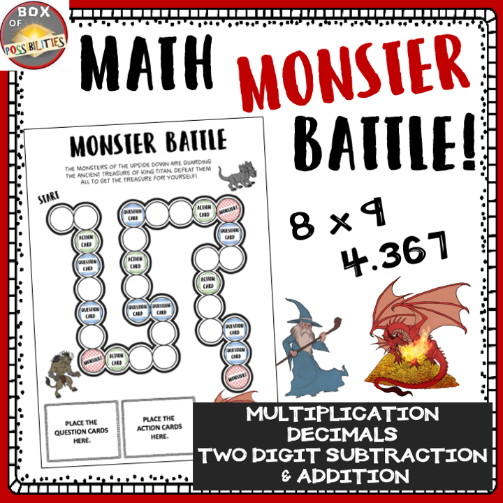 math-board-game-monster-battle-bundle-multiplication-decimals-addition-math-activities