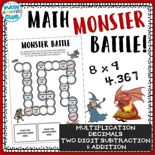 Math Board Game: Monster Battle! Bundle: Multiplication, Decimals, & Addition.