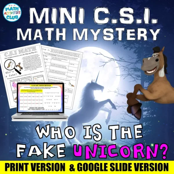 Unicorns Math CSI Mystery. Mini CSI Math. Which Unicorn is the Fake Unicorn?