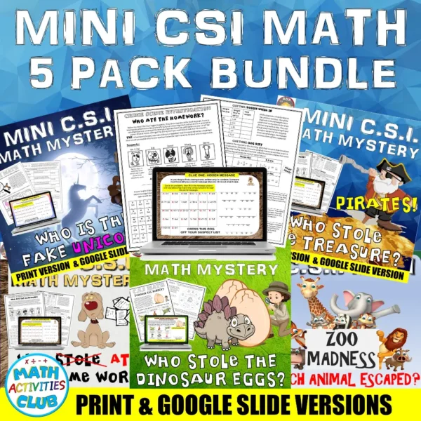 Mini CSI Math Mystery Bundle. 5 Pack Fun Short Math Activity Print & Digital!