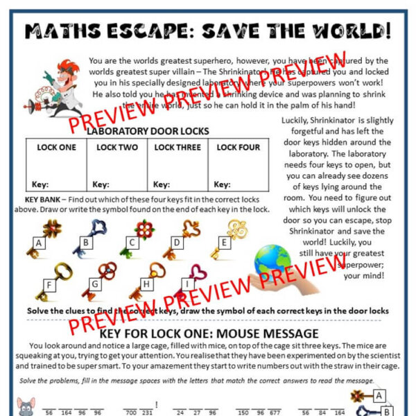 Mini Math Escape Room Printable. Escape the Lab & Save World Fun Math Activity!