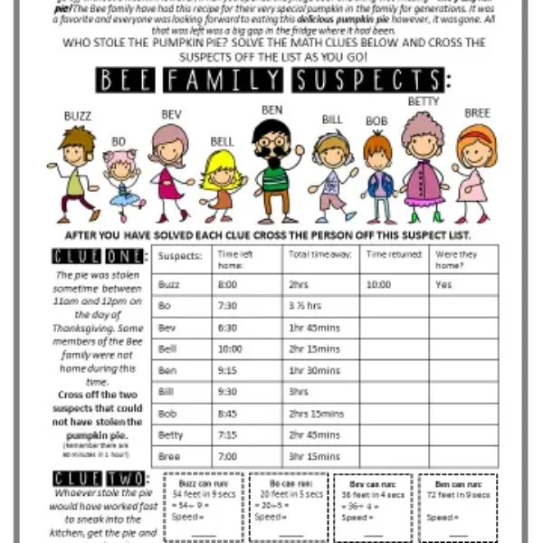 Thanksgiving Math Activity. Mini CSI Math Mystery The Thanksgiving Pumpkin Pie!