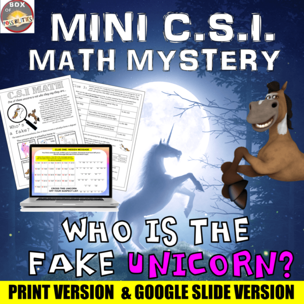 Unicorns Math CSI Mystery. Mini CSI Math. Which Unicorn is the Fake Unicorn?