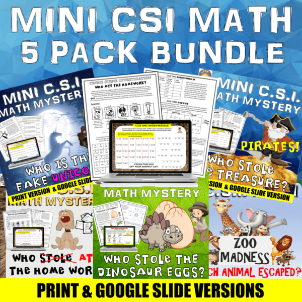 Mini CSI Math Mystery Bundle. 5 Pack Fun Short Math Activity Print & Digital!