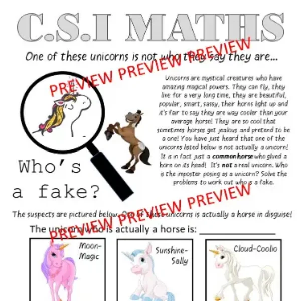 Unicorns Math CSI Mystery. Mini CSI Math. Which Unicorn is the Fake Unicorn?