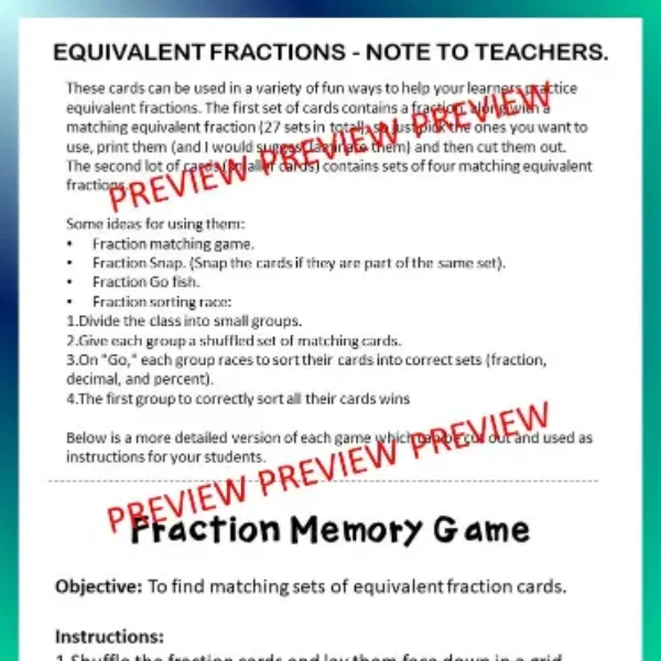 Equivalent Fraction Matching Cards.