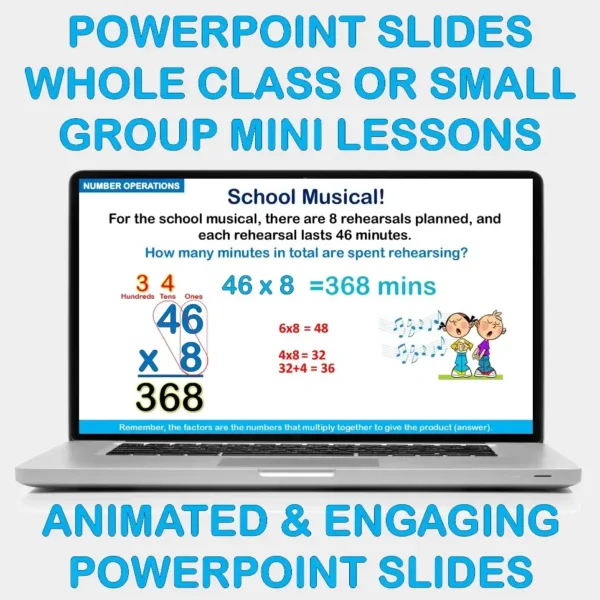 Standard Algorithm Multiplication 2&3-Digit by 1-Digit Numbers PowerPoint Slides.