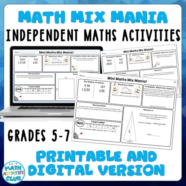 Mini Math Mix Mania Activity Independent Math Sheets Grades 5-8.