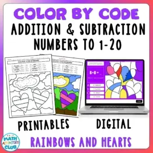 Addition & Subtraction, Numbers to 20. Color By Code – Hearts & Rainbows.