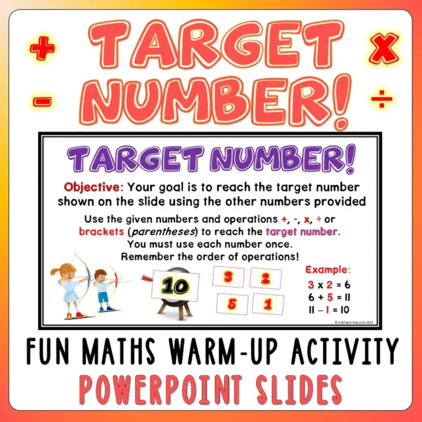 Target Number PowerPoint Game: Fun Math Warm-Up Slides. Operations Practice.